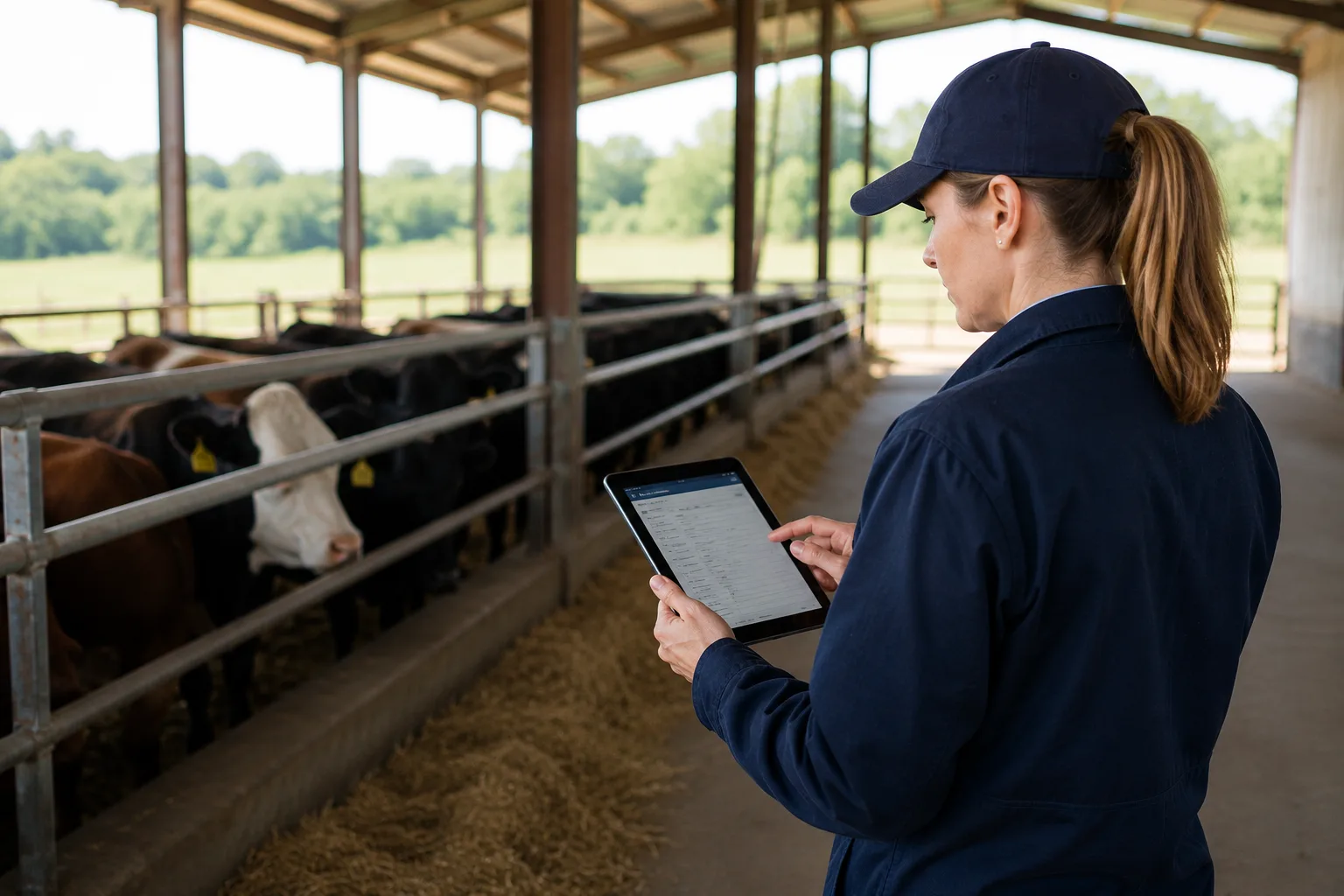 Farm operations manager using a tablet to log field and livestock records