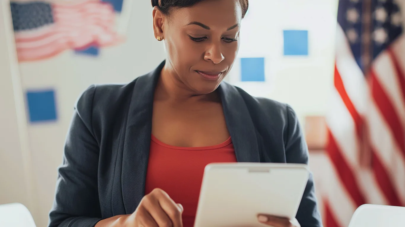 Government worker using a Field2Base tablet form in a polling place with U.S. flags