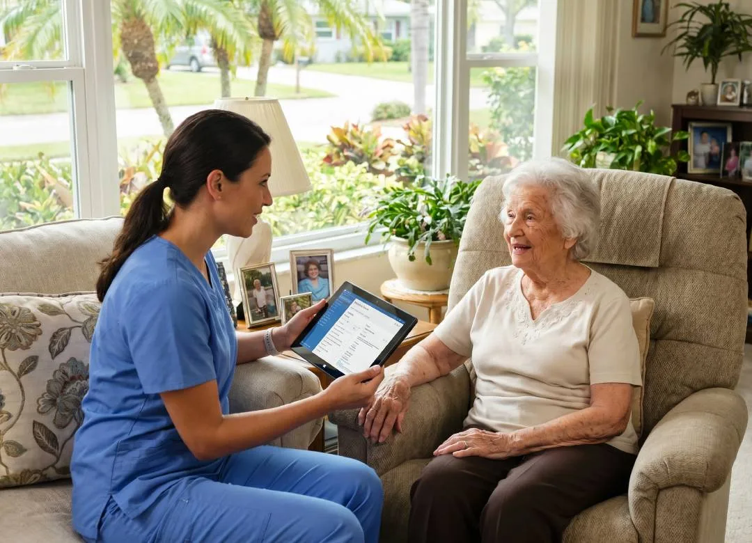 Healthcare professional using tablet with patient