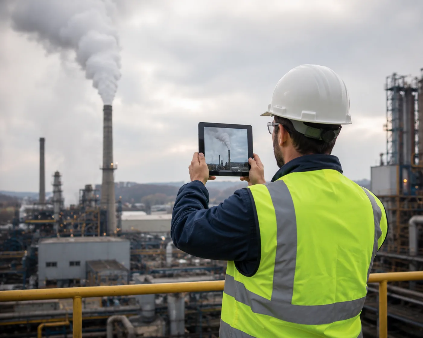 Manufacturing worker in hard hat and hi-vis vest photographing plant emissions on a tablet