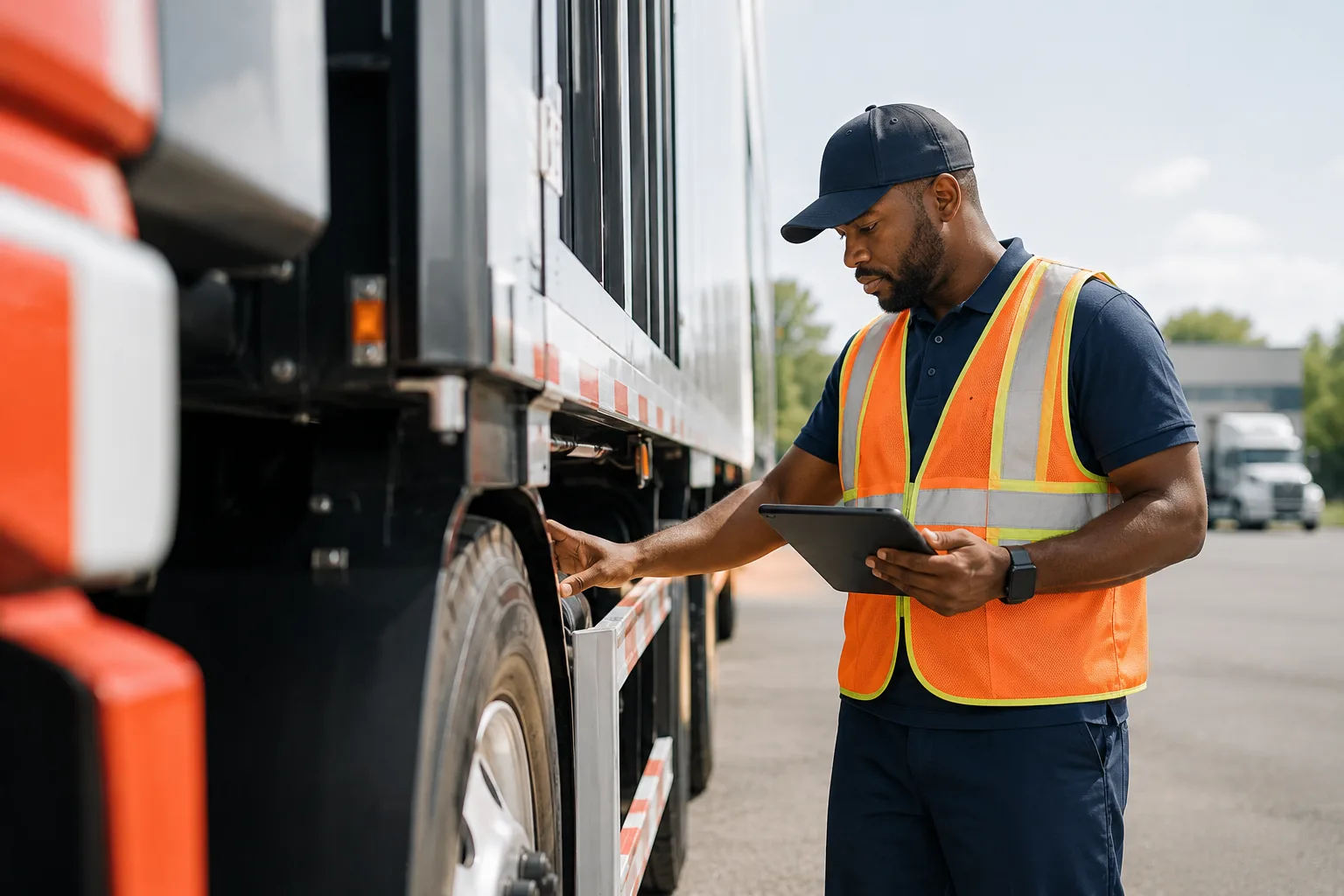 Fleet inspector reviewing a truck on a tablet during a pre-trip inspection