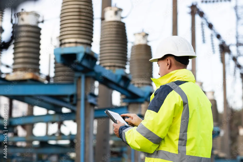 Utility worker using tablet at electrical infrastructure