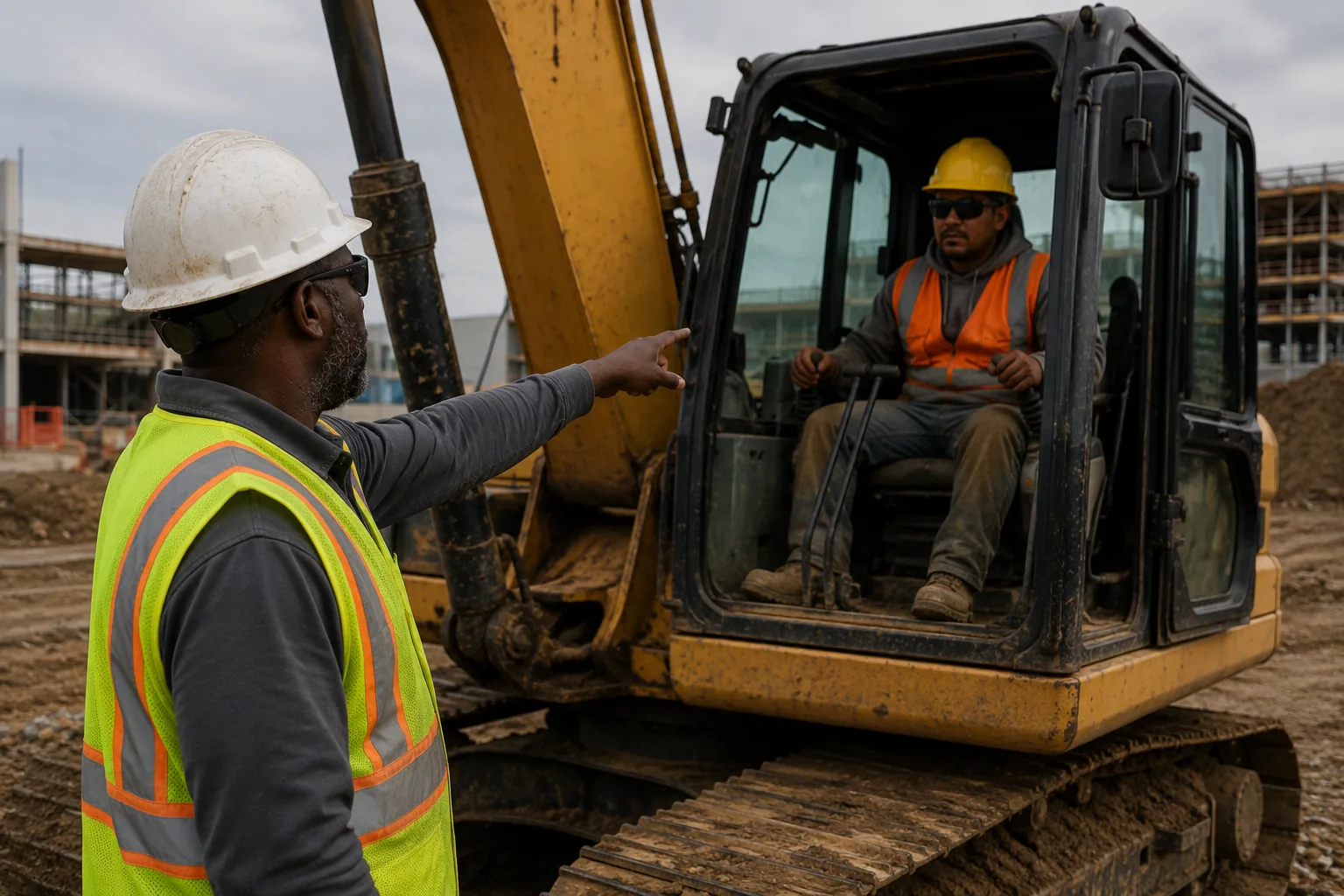 Heavy civil construction site with workers and equipment